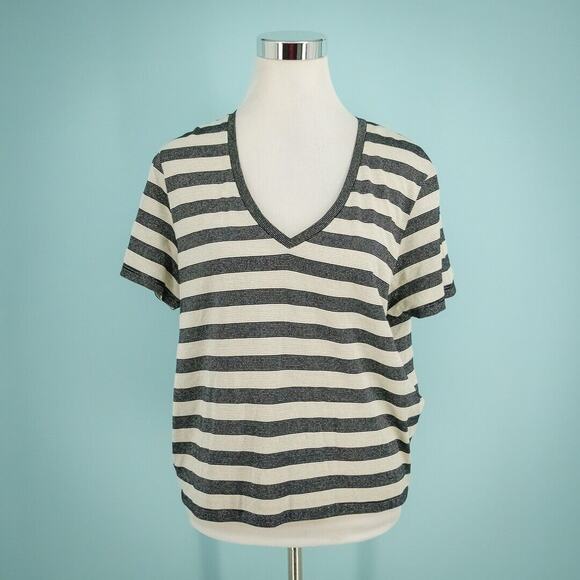 Reiss Size Large L Novaa Black Cream Metallic Stripe Print V Neck Short Sleeve C - Picture 1 of 7
